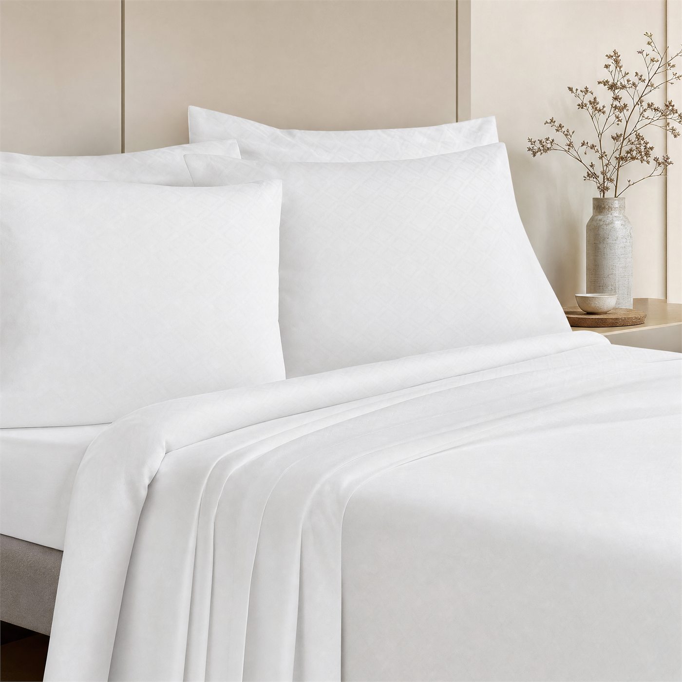 China Wholesale Hotel 100% Cotton Jaquard White Bed Sheet Set